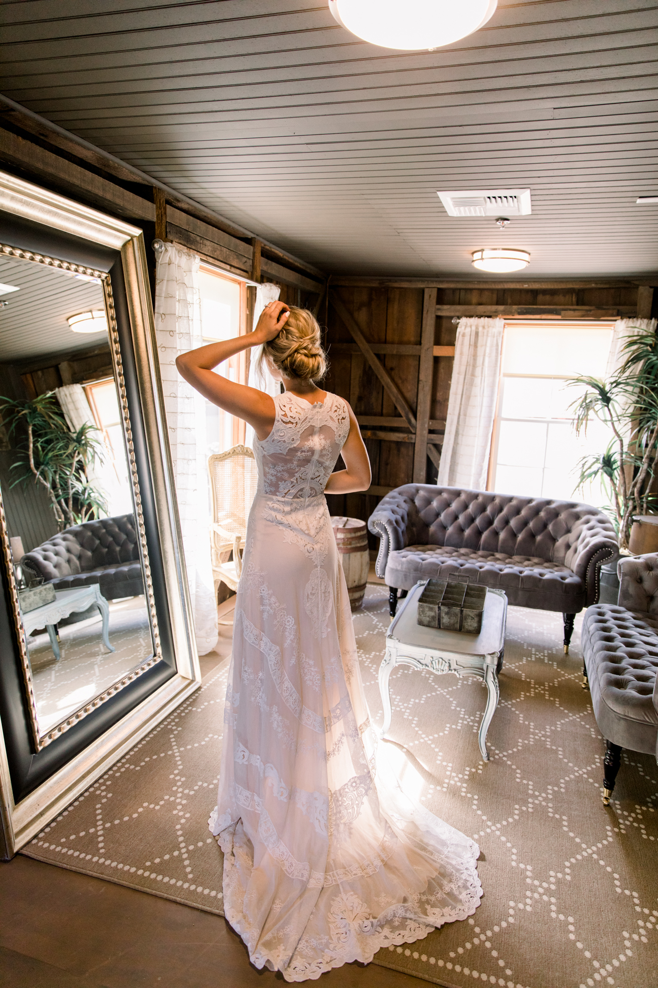 Bride in Dressing Room of VIP Loft at The Barns